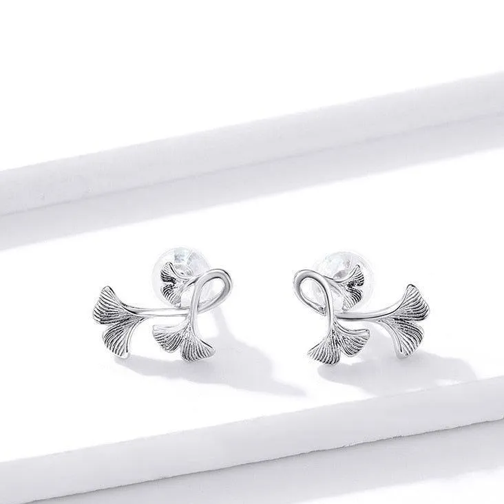 GZ239 - Ginkgo Leaf Stud Earrings - 925 Sterling Silver Charm Jewelry