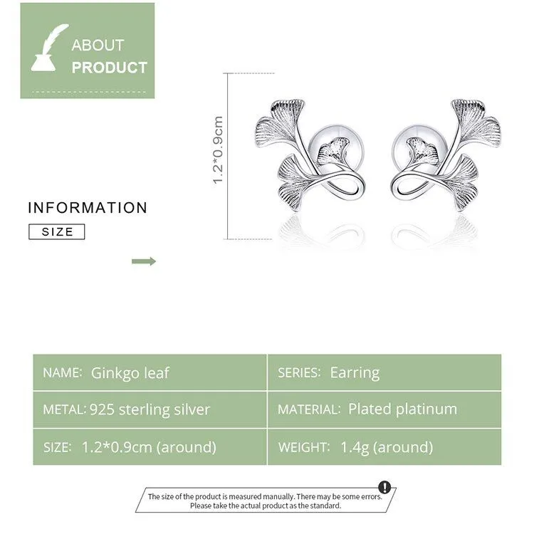 GZ239 - Ginkgo Leaf Stud Earrings - 925 Sterling Silver Charm Jewelry