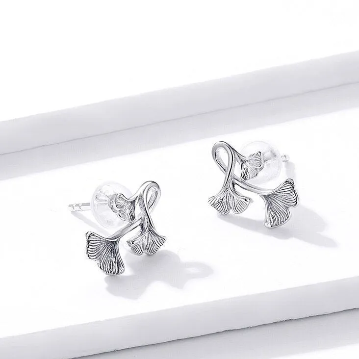 GZ239 - Ginkgo Leaf Stud Earrings - 925 Sterling Silver Charm Jewelry