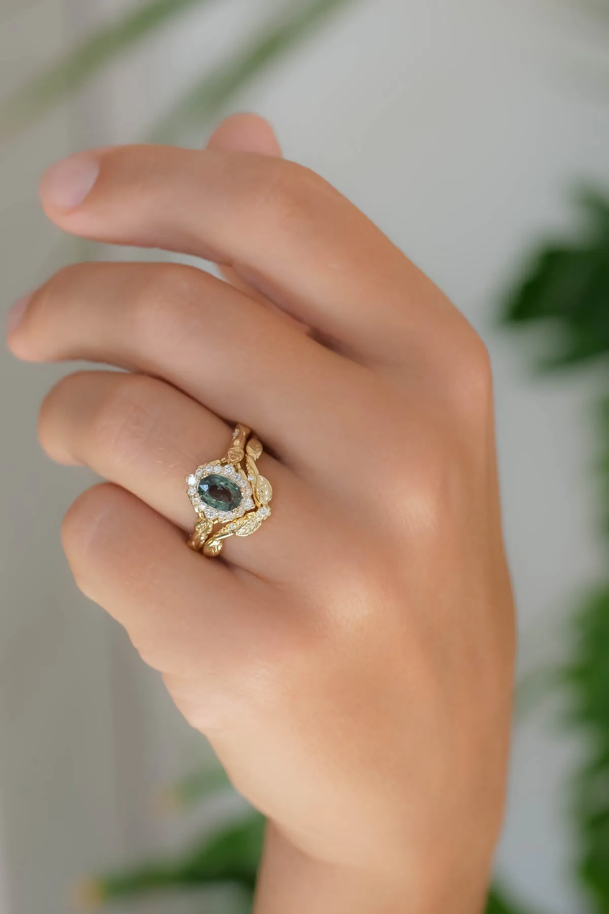 Halo sapphire leaf engagement ring set, nature inspired gold ring with diamond halo / Florentina