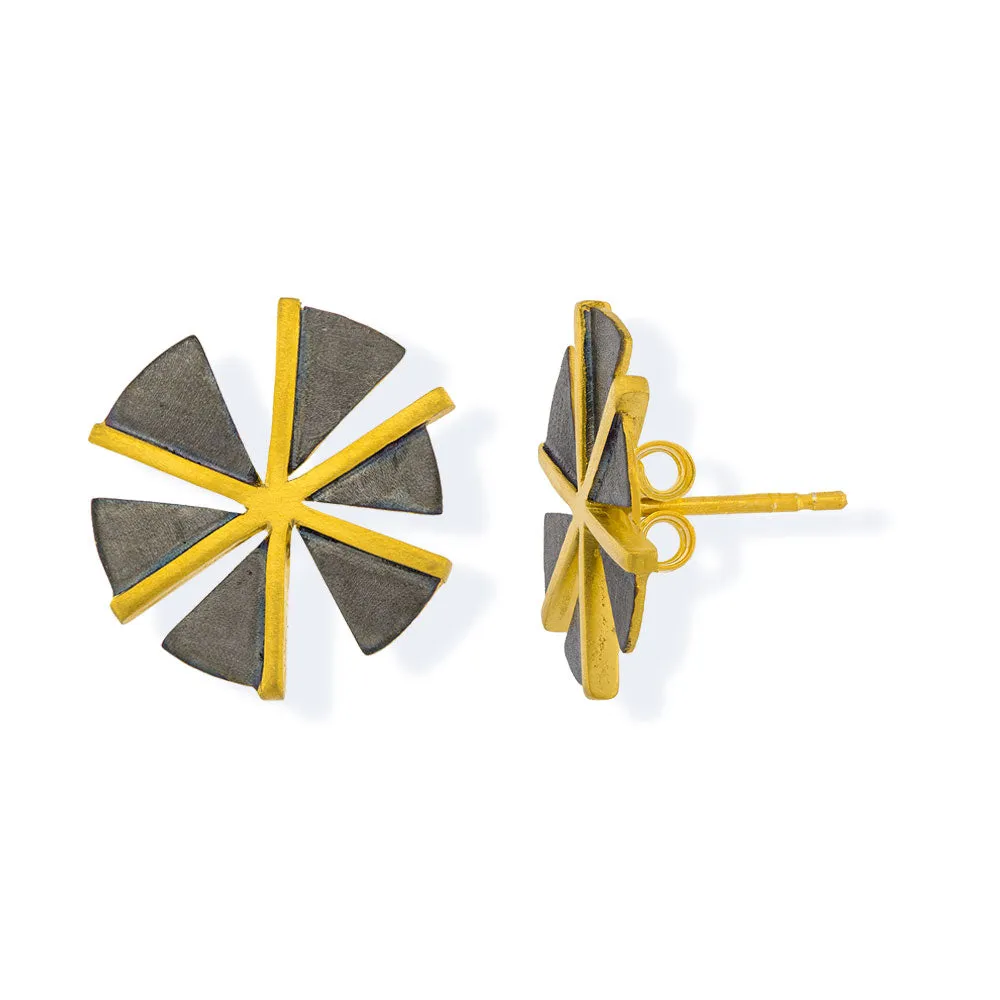 Handmade Gold & Black Plated Silver Stud Earrings Windmills