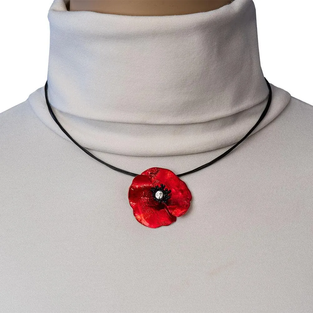 Handmade Silver Impressive Red Poppy Short Choker Necklace