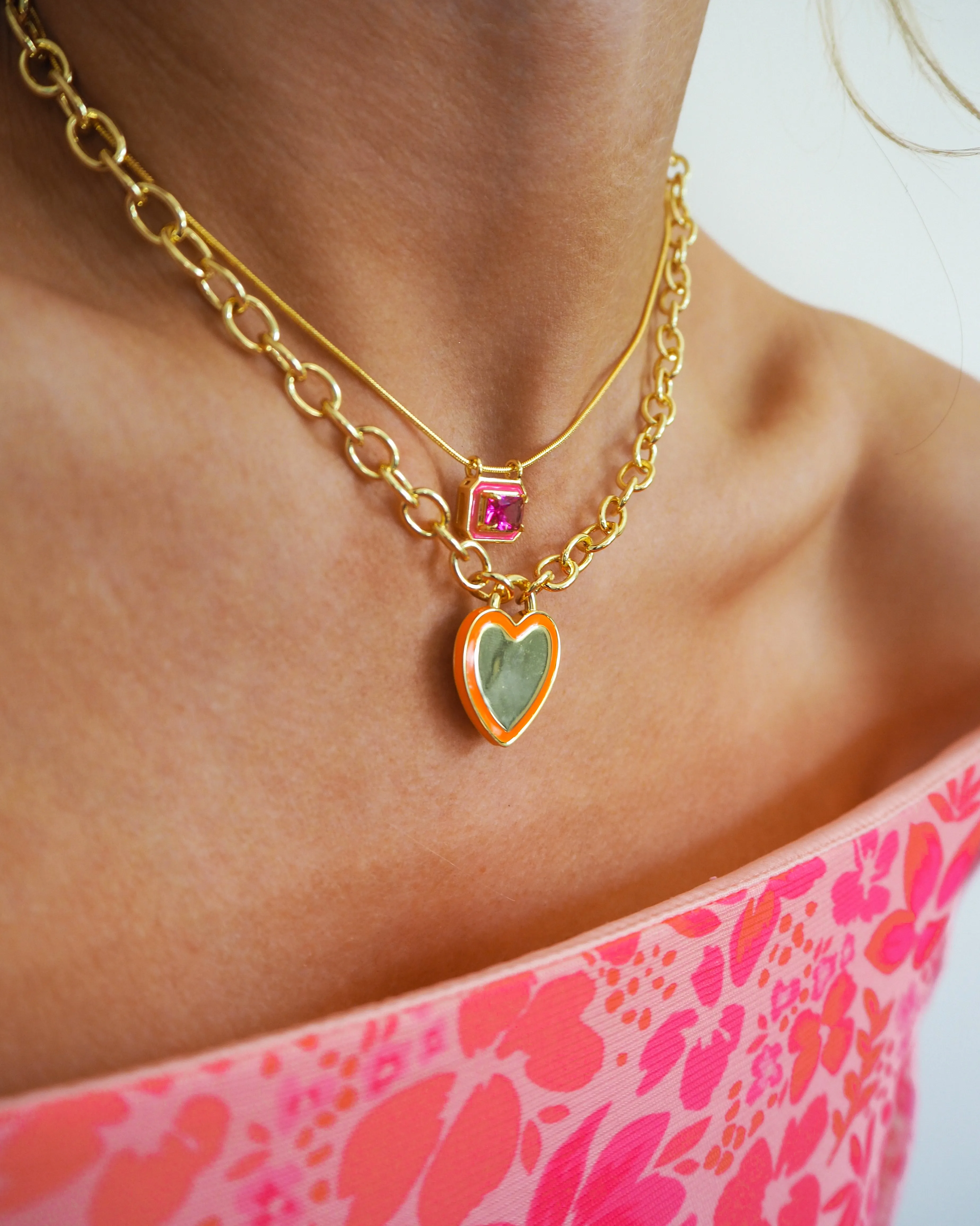 Heart Pendant Necklace- Neon Orange- Gold