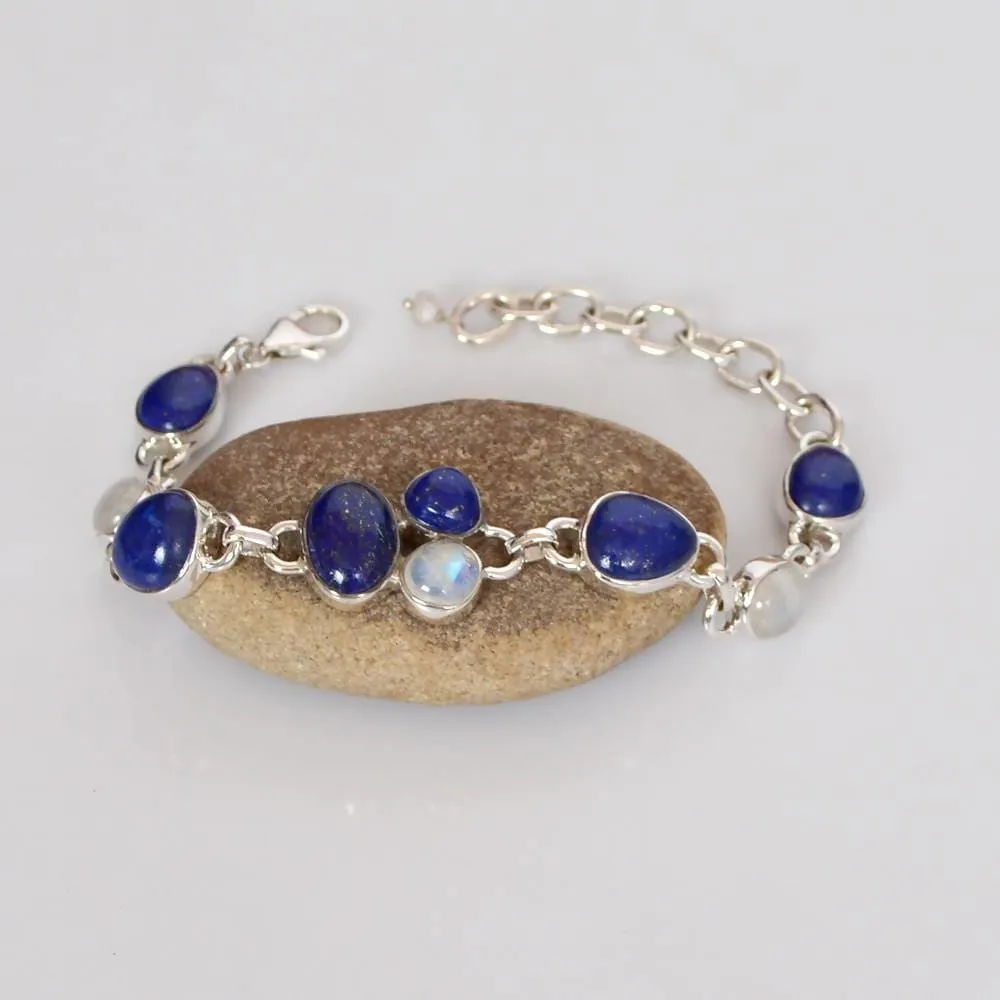 Indian Handmade Natural Lapis And Rainbow Moonstone Bracelet, 925 Sterling Silver Two Stone Bracelet