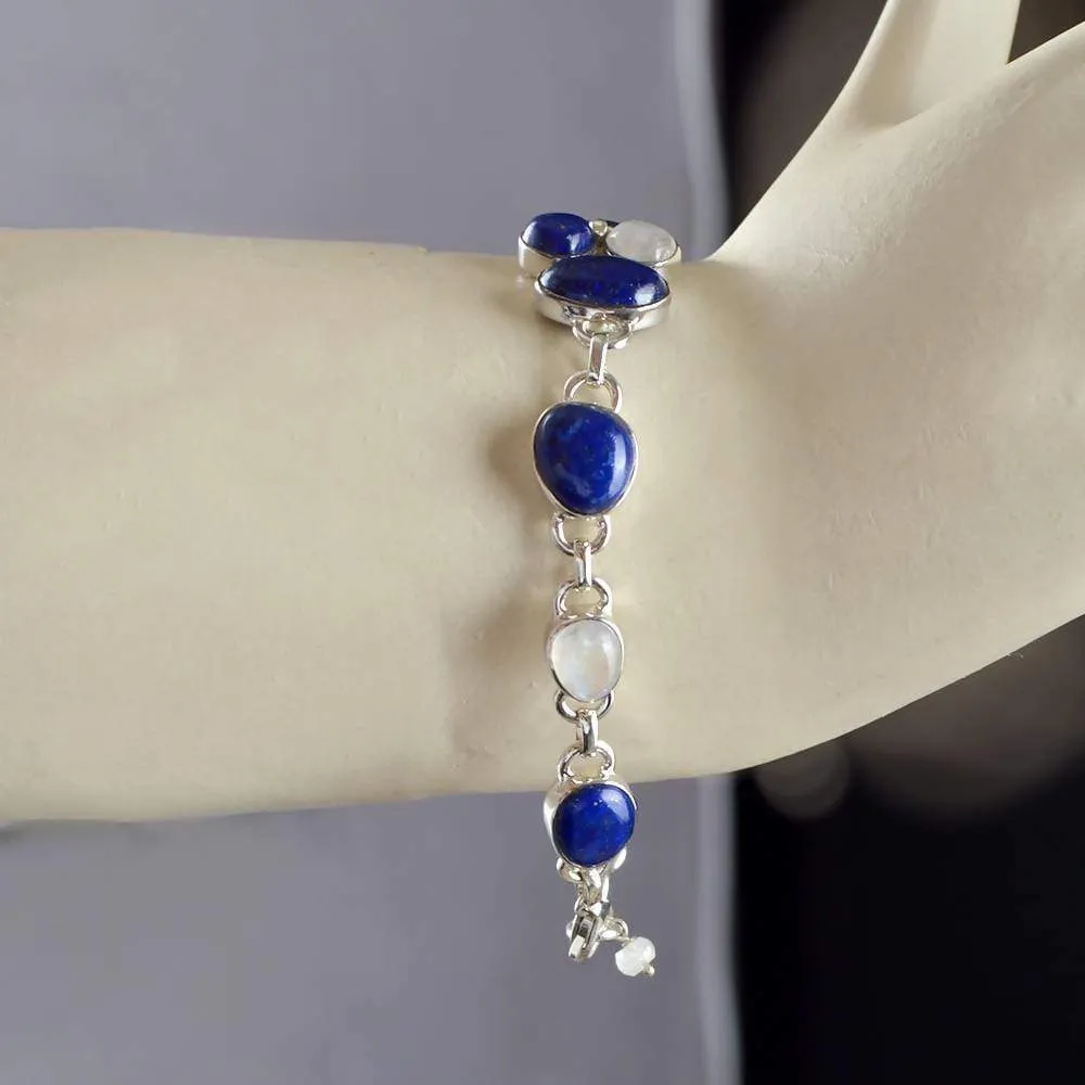 Indian Handmade Natural Lapis And Rainbow Moonstone Bracelet, 925 Sterling Silver Two Stone Bracelet