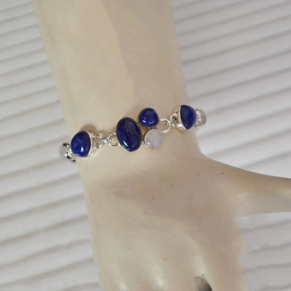 Indian Handmade Natural Lapis And Rainbow Moonstone Bracelet, 925 Sterling Silver Two Stone Bracelet