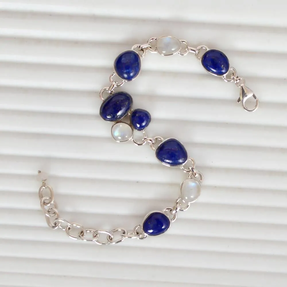 Indian Handmade Natural Lapis And Rainbow Moonstone Bracelet, 925 Sterling Silver Two Stone Bracelet