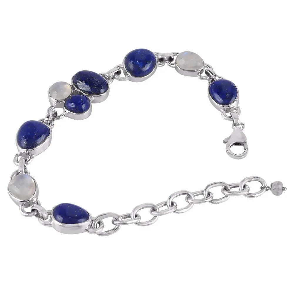 Indian Handmade Natural Lapis And Rainbow Moonstone Bracelet, 925 Sterling Silver Two Stone Bracelet