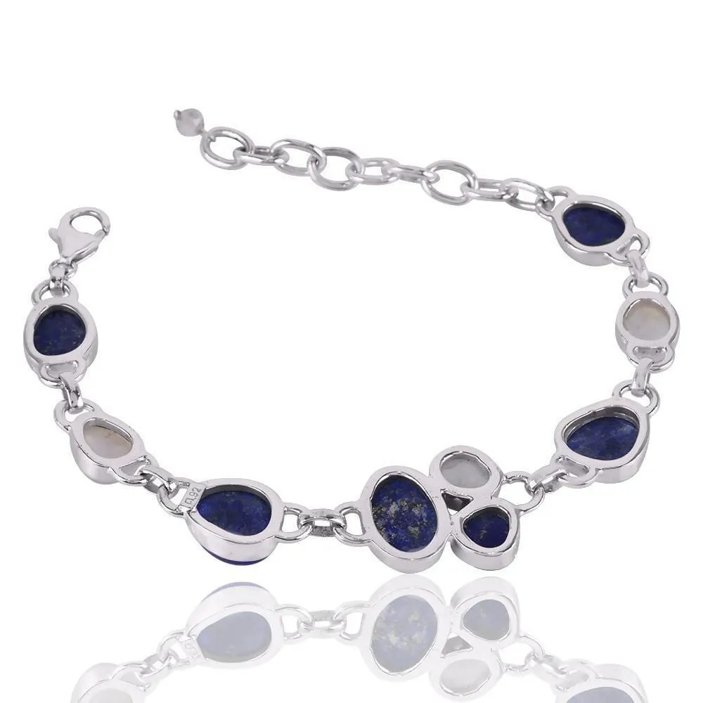 Indian Handmade Natural Lapis And Rainbow Moonstone Bracelet, 925 Sterling Silver Two Stone Bracelet