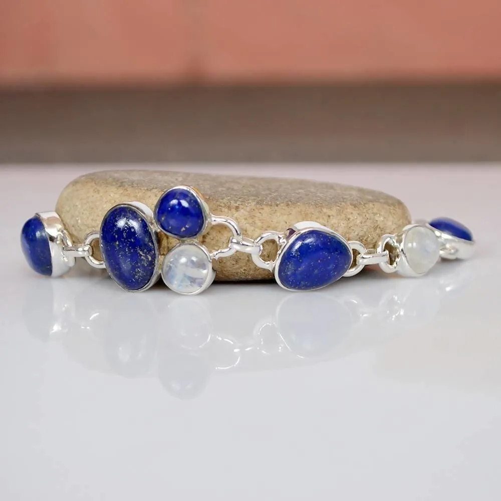 Indian Handmade Natural Lapis And Rainbow Moonstone Bracelet, 925 Sterling Silver Two Stone Bracelet