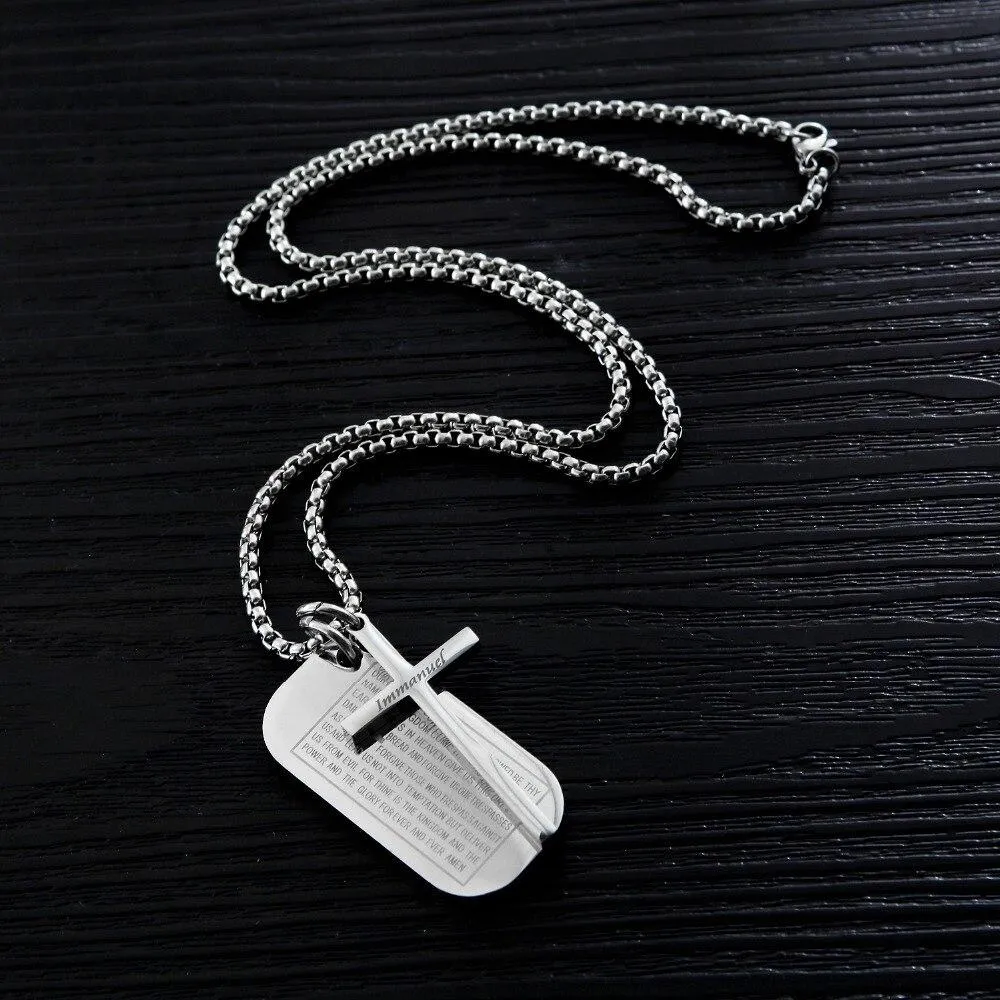 Lord's Prayer Silver Dual Pendant Cross and Dog Tag Necklace