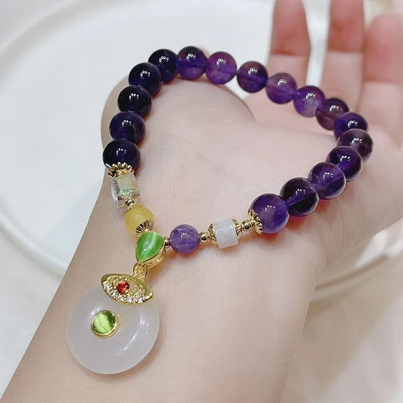 Lucky Bag Round Ring Charm Natural Amethyst Beaded Bracelet