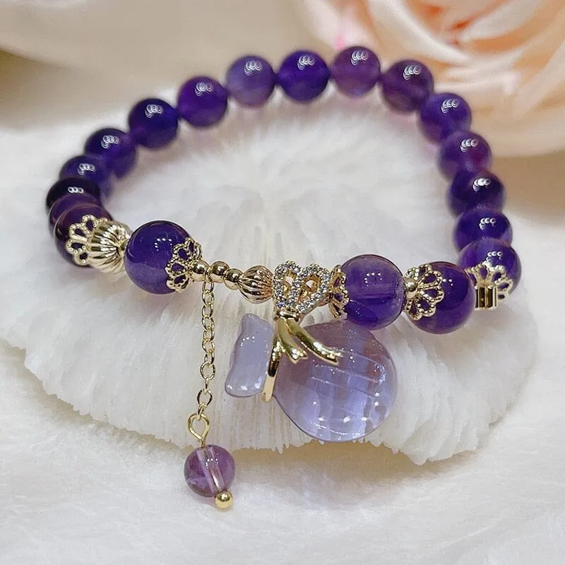 Lucky Bag Round Ring Charm Natural Amethyst Beaded Bracelet