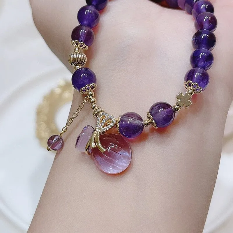 Lucky Bag Round Ring Charm Natural Amethyst Beaded Bracelet