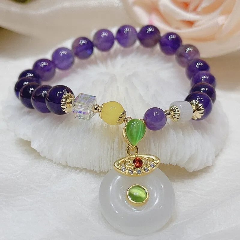 Lucky Bag Round Ring Charm Natural Amethyst Beaded Bracelet