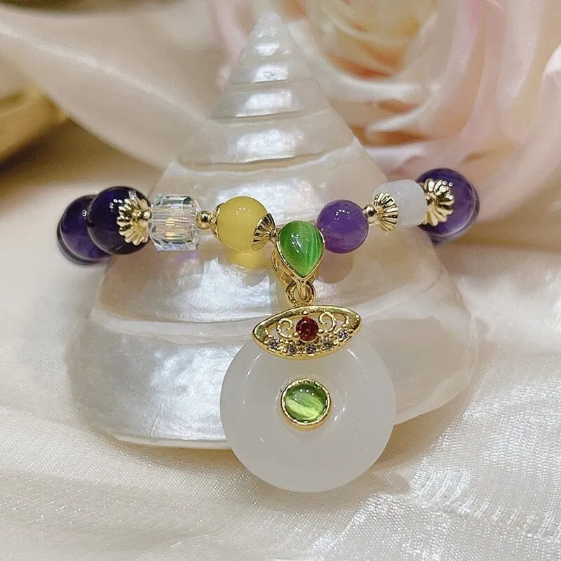 Lucky Bag Round Ring Charm Natural Amethyst Beaded Bracelet