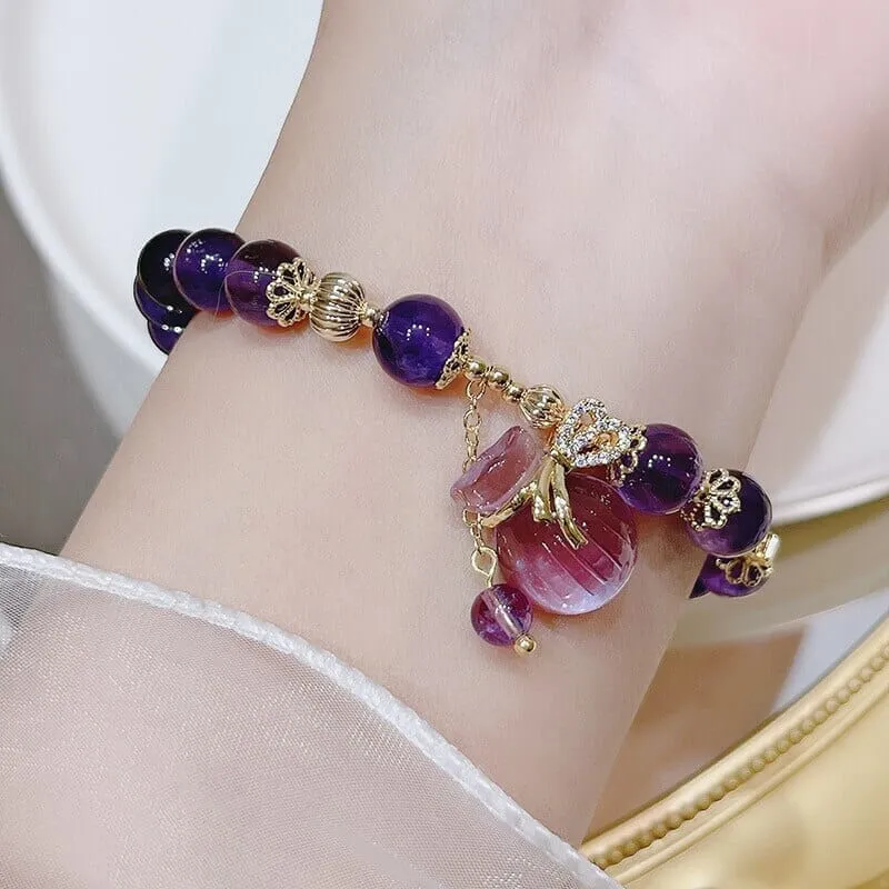 Lucky Bag Round Ring Charm Natural Amethyst Beaded Bracelet