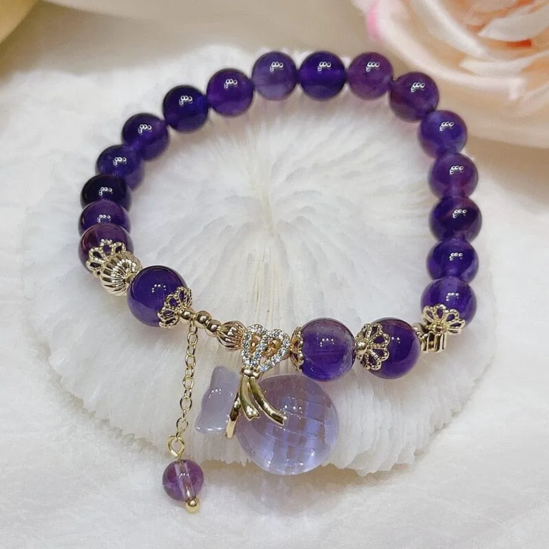 Lucky Bag Round Ring Charm Natural Amethyst Beaded Bracelet