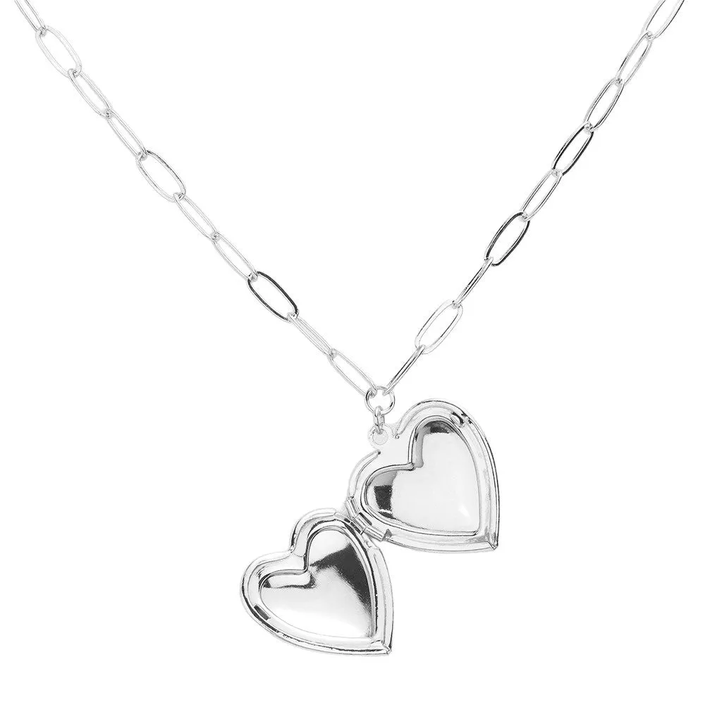 Matte Metal Heart Locket Pendant Paperclip Chain Necklace