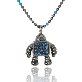 MCL Design Sterling Silver Robot Pendant with Winter Blue Enamel & Blue Sapphires