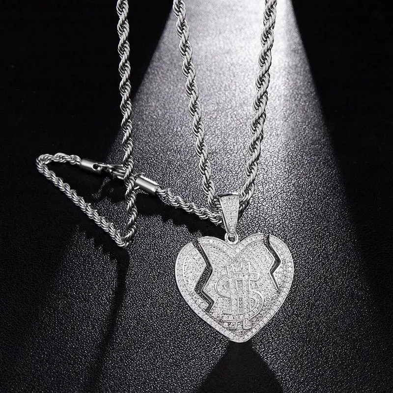 Micro Paved Cubic-Zirconia-Studded Broken Heart with Dollar Sign Bling Hip-hop Pendant Necklace