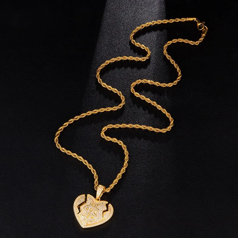 Micro Paved Cubic-Zirconia-Studded Broken Heart with Dollar Sign Bling Hip-hop Pendant Necklace