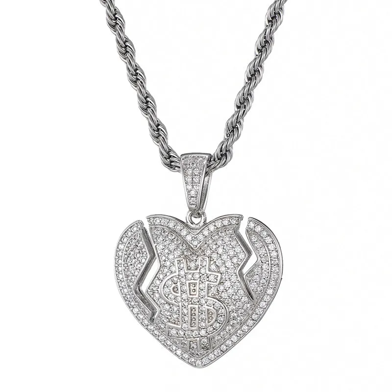 Micro Paved Cubic-Zirconia-Studded Broken Heart with Dollar Sign Bling Hip-hop Pendant Necklace