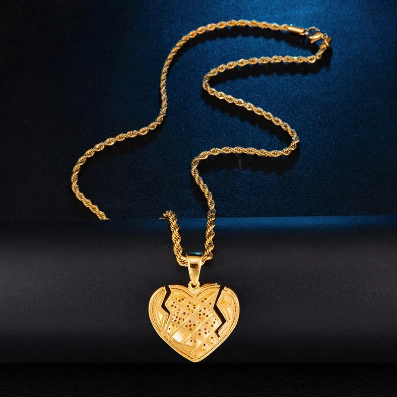 Micro Paved Cubic-Zirconia-Studded Broken Heart with Dollar Sign Bling Hip-hop Pendant Necklace