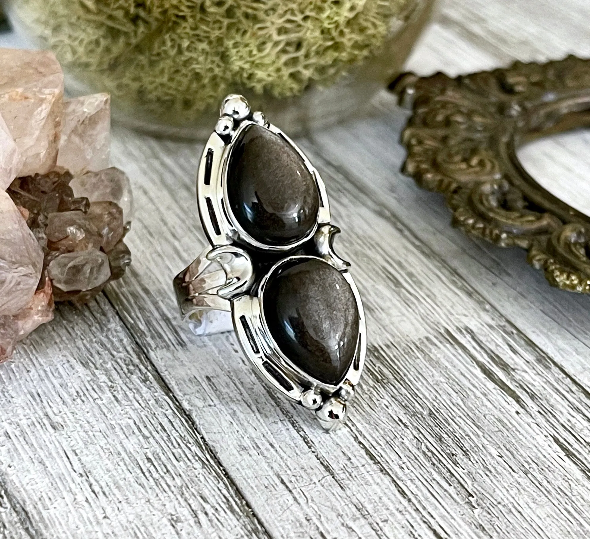 Mystic Moons Silver Sheen Obsidian Crystal Ring in Solid Sterling Silver- Designed by FOXLARK Collection Size 5 6 7 8 9 10 11 Adjustable