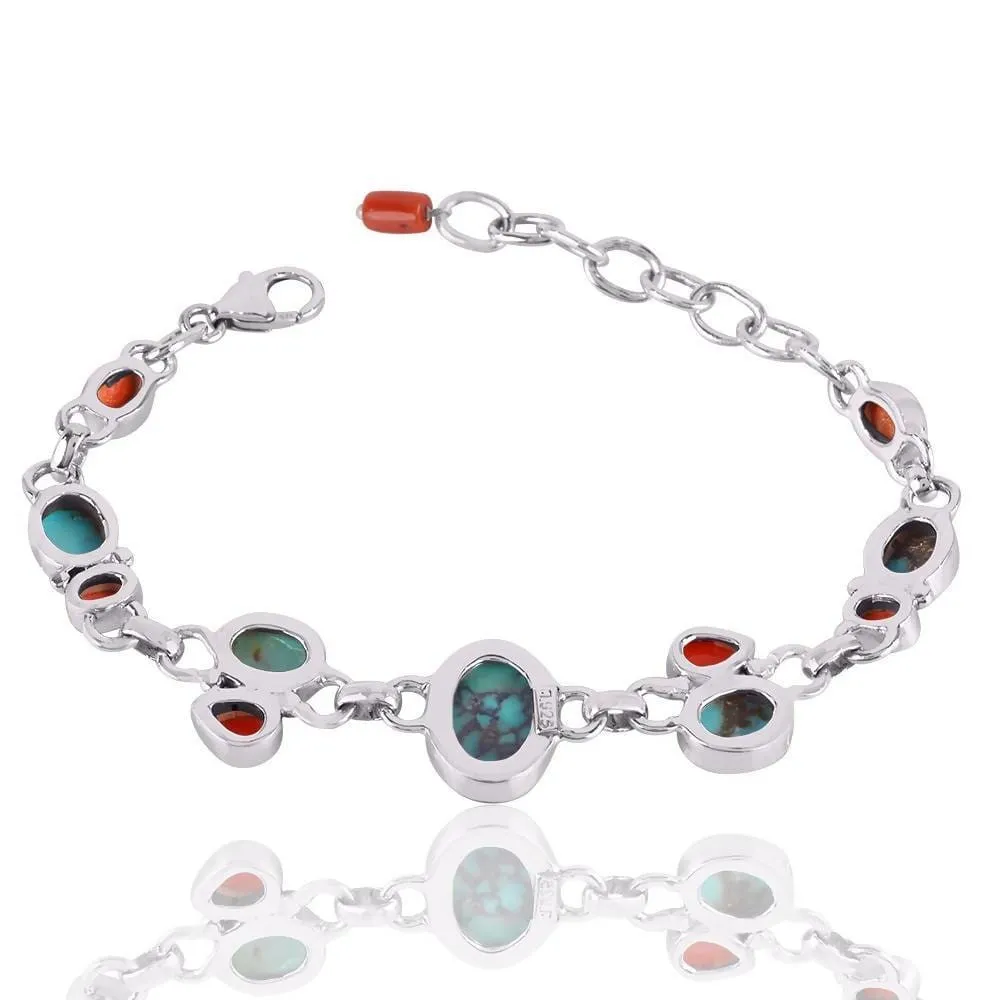 Natural Arizona Turquoise, Coral, Sponge Coral And Tibetan Turquoise 925 Solid Silver Bracelet