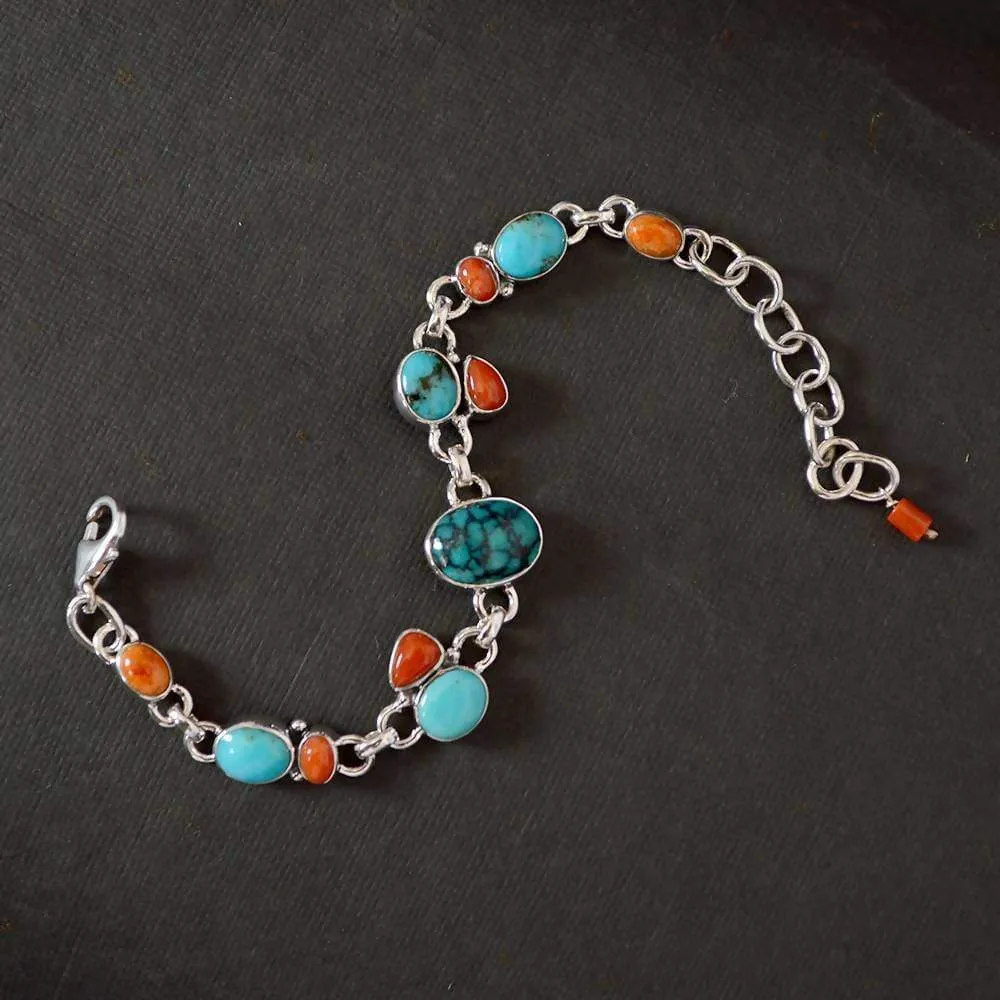 Natural Arizona Turquoise, Coral, Sponge Coral And Tibetan Turquoise 925 Solid Silver Bracelet