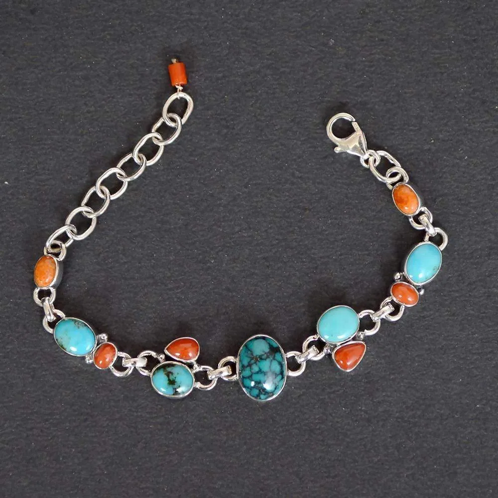 Natural Arizona Turquoise, Coral, Sponge Coral And Tibetan Turquoise 925 Solid Silver Bracelet