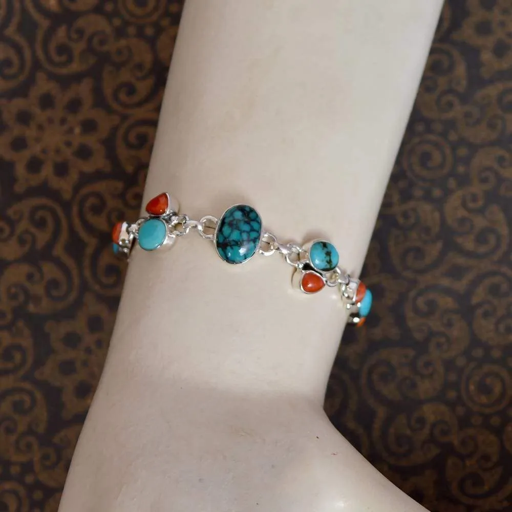 Natural Arizona Turquoise, Coral, Sponge Coral And Tibetan Turquoise 925 Solid Silver Bracelet