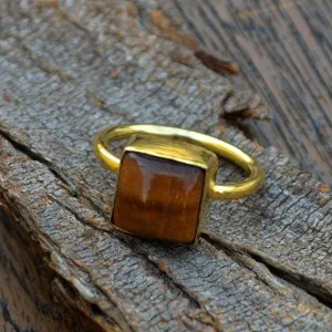 Natural Tiger Eye Gemstone Gold Ring, 14k Yellow Gold Tiger Eye Ring, Wedding Ring