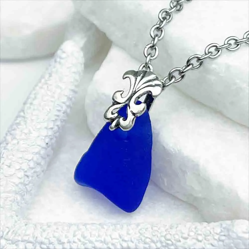 Ornate Cobalt Blue Sea Glass Pendant with Sterling Silver Bail | 5225