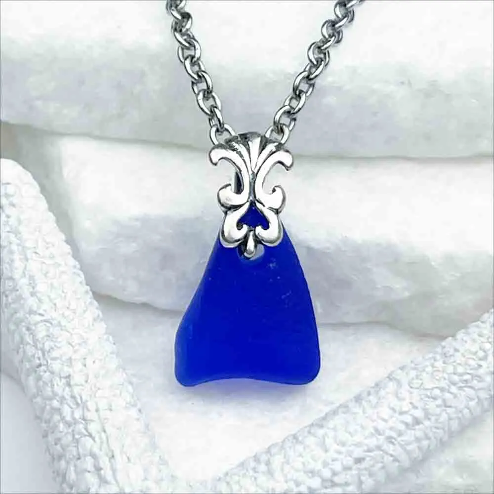 Ornate Cobalt Blue Sea Glass Pendant with Sterling Silver Bail | 5225