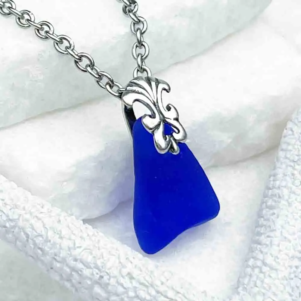 Ornate Cobalt Blue Sea Glass Pendant with Sterling Silver Bail | 5225