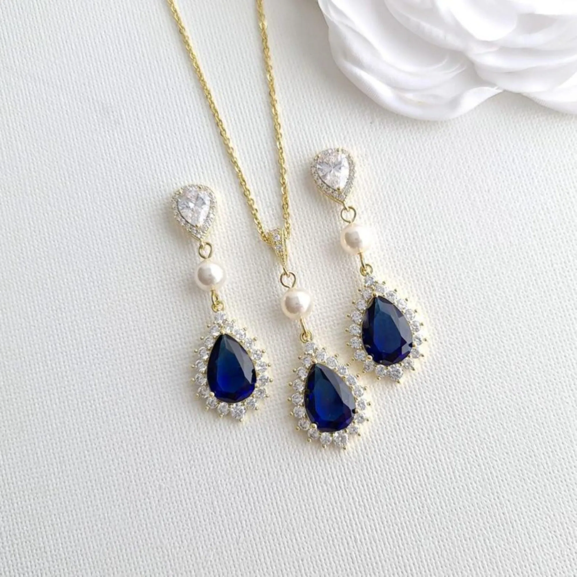 Pearl and Crystal Blue Wedding Jewelry Set for Brides-Aoi