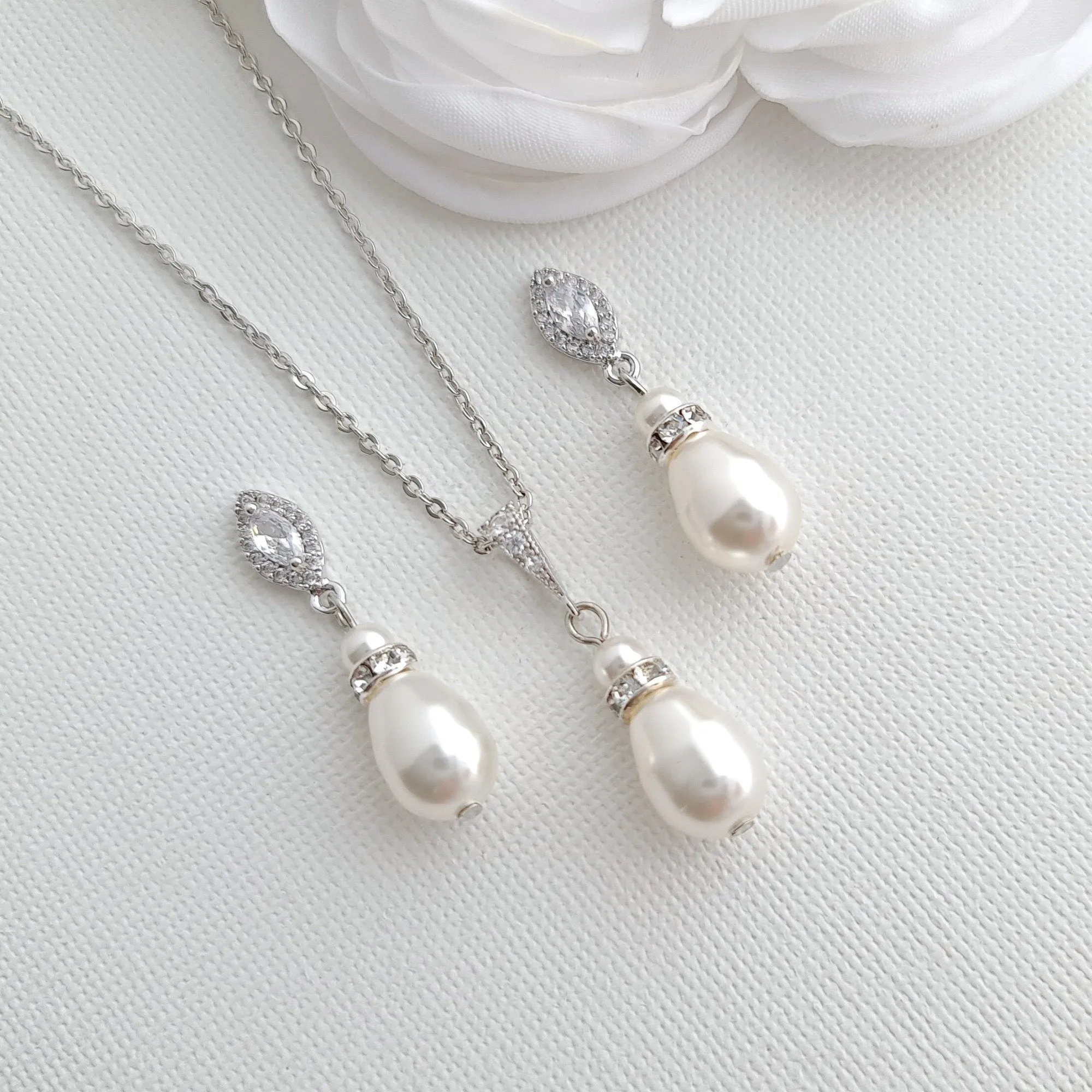 Pearl Jewelry Set with Teardrop Pearl Pendant and Earrings for Brides- Ella