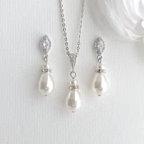 Pearl Jewelry Set with Teardrop Pearl Pendant and Earrings for Brides- Ella