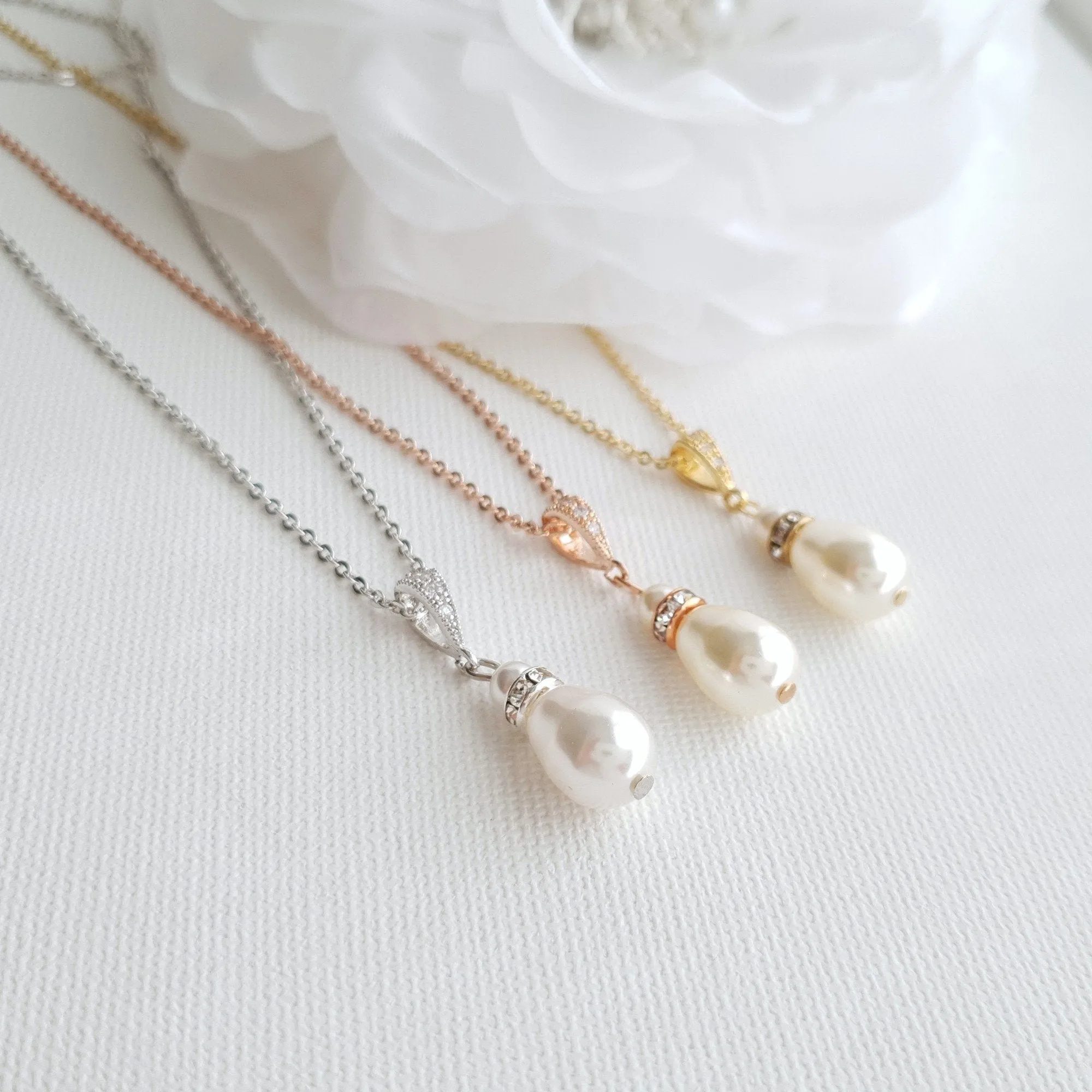 Pearl Jewelry Set with Teardrop Pearl Pendant and Earrings for Brides- Ella