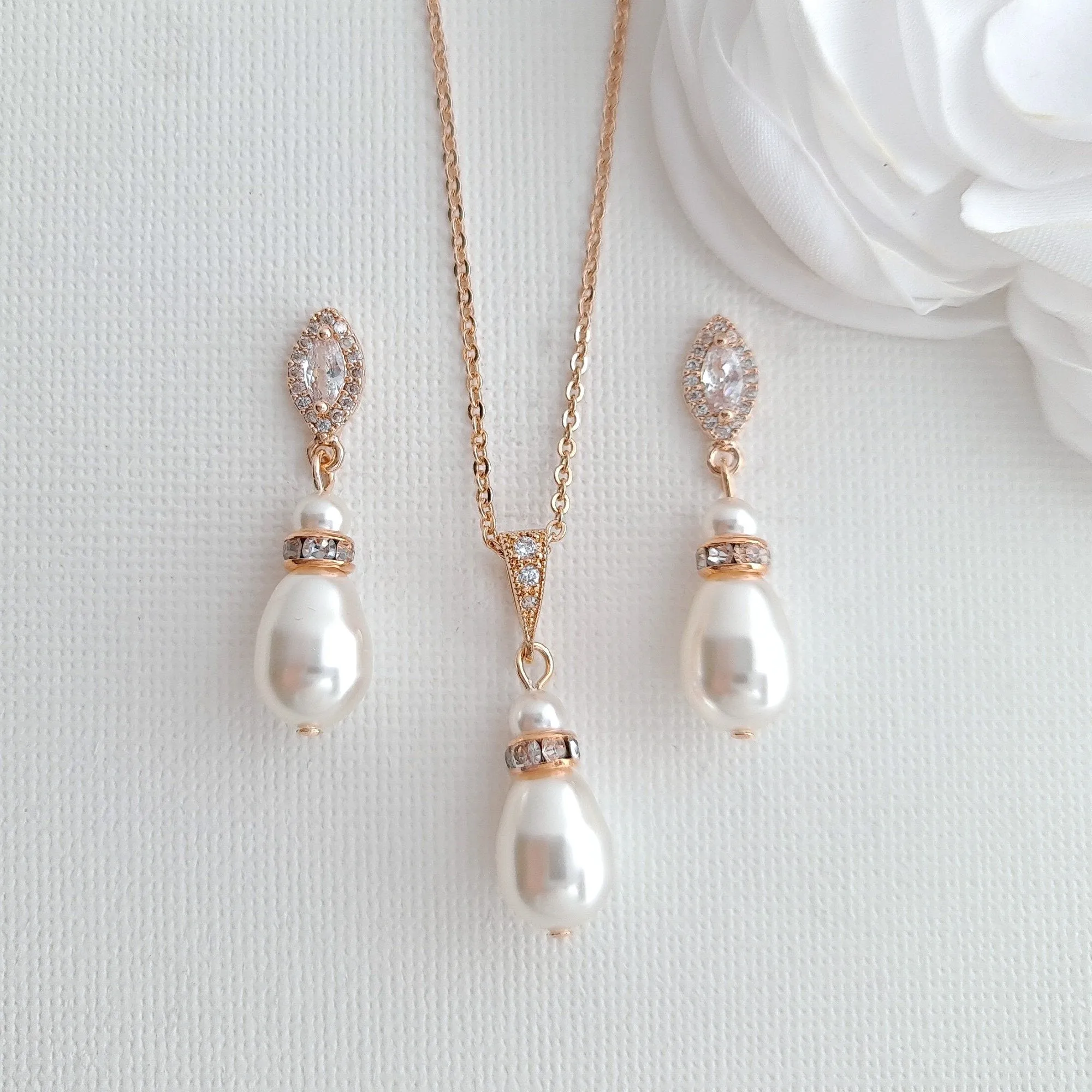 Pearl Jewelry Set with Teardrop Pearl Pendant and Earrings for Brides- Ella