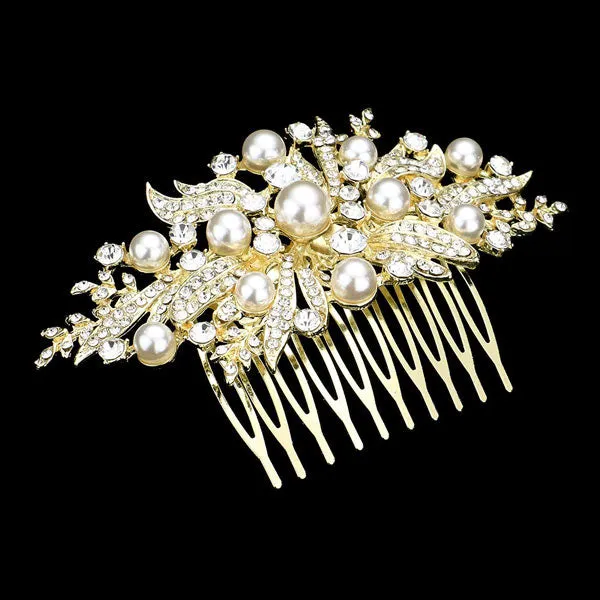 Pearl Stone Embellished Leaf Cluster Hair Comb