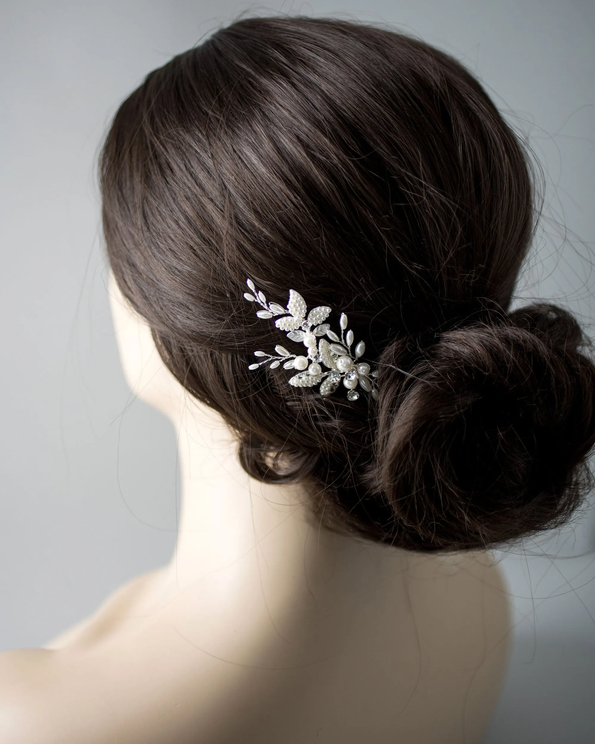 Pearled Leaves and Oat Beads Wedding Hair Pin