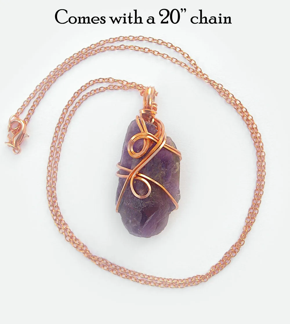 Raw Amethyst Crystal Pendant Necklace w/ 2 Swirls, Dark Purple, Copper Wire-Wrapped, w/ 20 Chain, Handmade