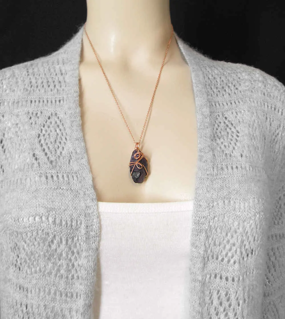 Raw Amethyst Crystal Pendant Necklace w/ 2 Swirls, Dark Purple, Copper Wire-Wrapped, w/ 20 Chain, Handmade