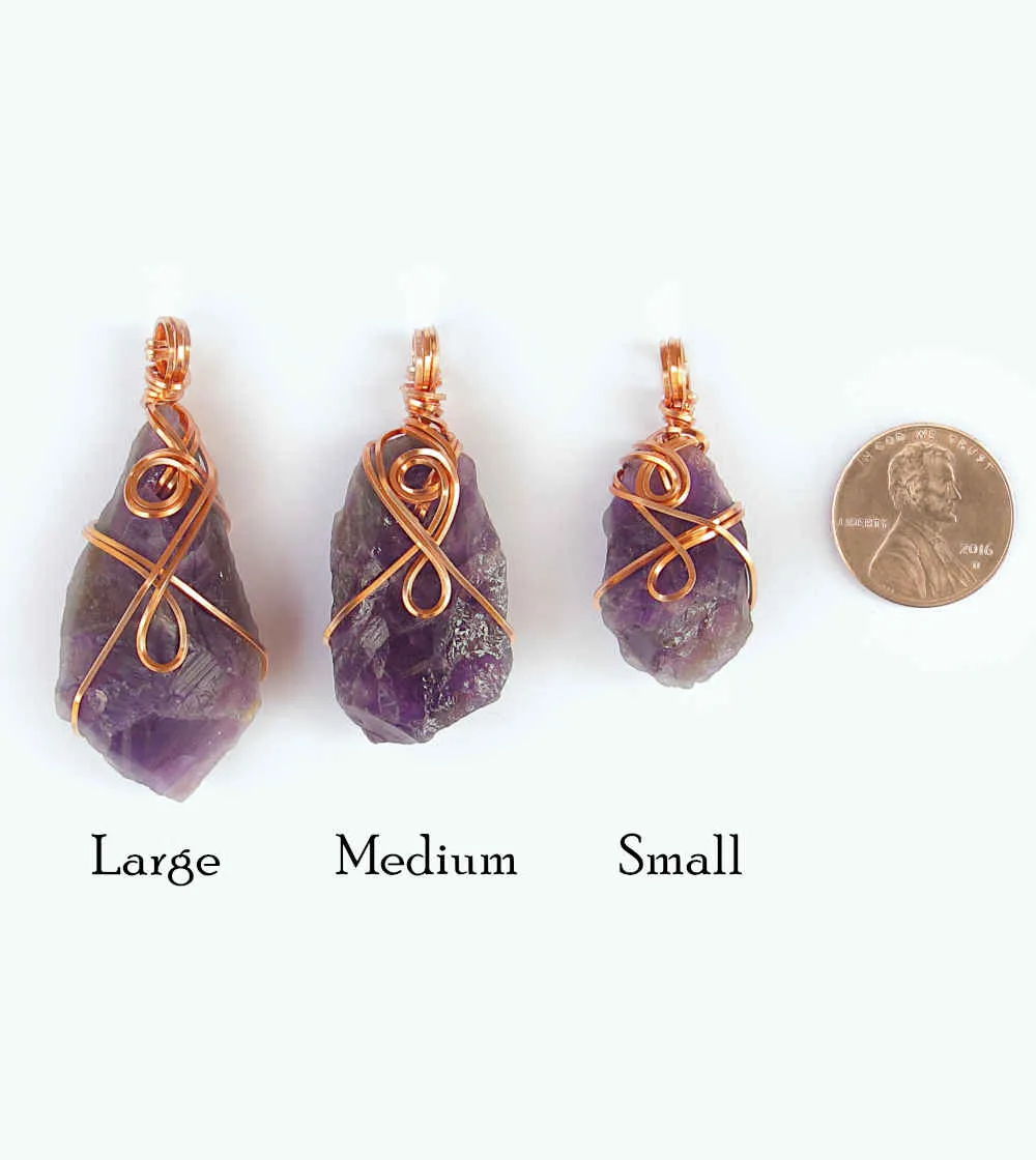 Raw Amethyst Crystal Pendant Necklace w/ 2 Swirls, Dark Purple, Copper Wire-Wrapped, w/ 20 Chain, Handmade