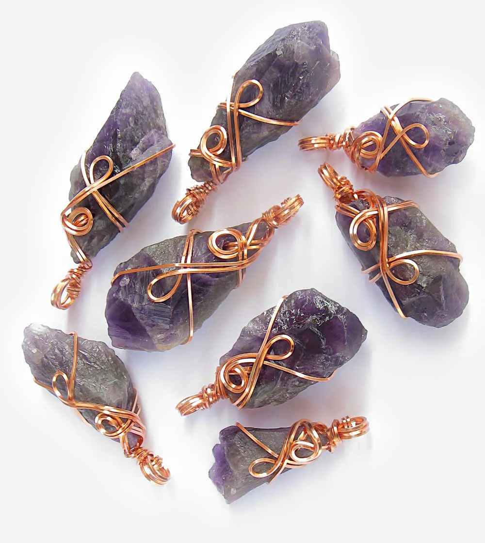 Raw Amethyst Crystal Pendant Necklace w/ 2 Swirls, Dark Purple, Copper Wire-Wrapped, w/ 20 Chain, Handmade