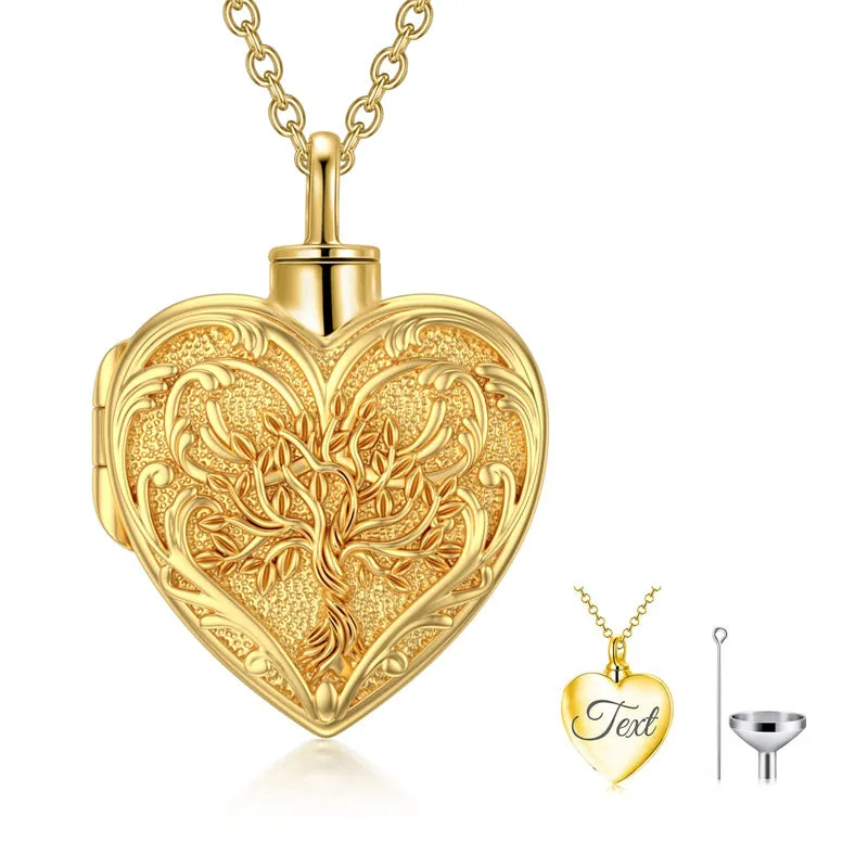 Real Gold Cremation Jewelry for Ashes Personalize Solid Gold Tree of Life Heart Urn Necklace for Ashes