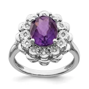 Rhodium-Plated Diamond & Checker-Cut Amethyst Ring in Sterling Silver